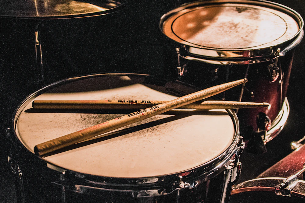 A drum kit with cymbals in a music studio